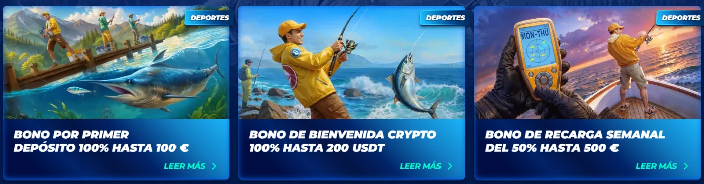 Banner del bono de pesca de Bassbet Casino Banner del bono de pesca de Bassbet Casino con motivos de pesca y varias ofertas de bonificación