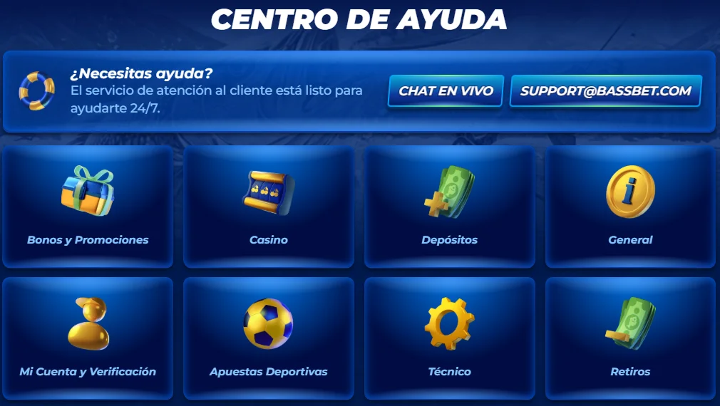 Vista general del centro de ayuda de Bassbet Casino Centro de ayuda de Bassbet Casino con chat en vivo, soporte y categorías de atención al cliente