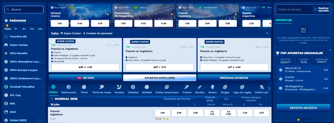 Vista general de apuestas deportivas de Bassbet Casino Interfaz de apuestas deportivas de Bassbet Casino con apuestas de fútbol, cuotas y ofertas de apuestas en vivo